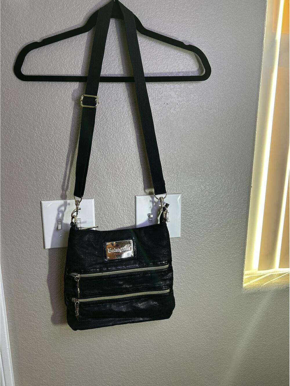 Betsey Johnson Black Crossbody Bag with Gold Lightning Bolt Zippers